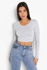 LONG SLEEVE V NECK CROPPED TOP-GREY