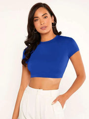 SOLID MOCK NECK CROP TOP-ROYAL BLUE