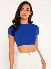 SOLID MOCK NECK CROP TOP-ROYAL BLUE
