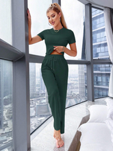 SOLID COLOR ROUND NECK SHORT SLEEVE TOP AND WAIST-TIE PANTS CASUAL OUTFIT LOUNGE SET