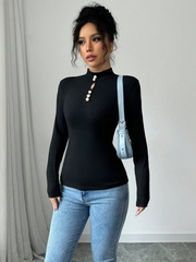 WOMEN'S PEARL BUTTON DECORATED TURTLENECK LONG SLEEVE TOP