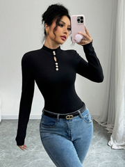 WOMEN'S PEARL BUTTON DECORATED TURTLENECK LONG SLEEVE TOP