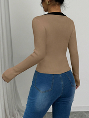 WOMEN'S ELEGANT FITTED CONTRAST COLOR BOW DECOR V-NECK TOP