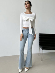 WOMEN'S ELEGANT CUTE ROMANTIC BOW DECOR MOCK NECK LONG SLEEVE FITTED TOP