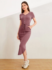BUTTON FRONT DRAWSTRING SPLIT HEM DRESS