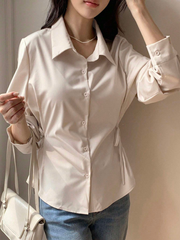 WOMEN'S BUSINESS CASUAL SOLID COLOR LAPEL LONG SLEEVE TIE WAIST BLOUSE