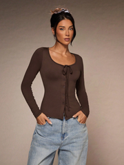 WOMEN'S SOLID COLOR CREW NECK BELTED LONG SLEEVE SLIM FIT TOP