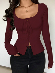 WOMEN'S SOLID COLOR CREW NECK BELTED LONG SLEEVE SLIM FIT TOP