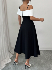 WOMEN'S ELEGANT CONTRAST COLOR SPLICE ASYMMETRIC COLLAR DRESS