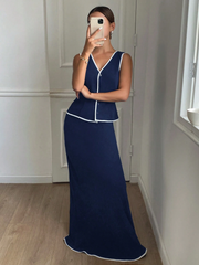 FRENCHY 2PCS WOMEN CONTRAST TRIM SLEEVELESS TOP & LONG SKIRT SET