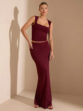 SOLID SQUARE NECK TOP AND SKIRT SUIT