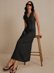 2PCS WOMEN VEST BLAZER MAXI SKIRT SET