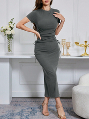 WOMEN'S ROUND NECK SHORT SLEEVE TIE WAIST SLIM FIT BODYCON DRESS