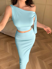 ASYMMETRIC NECK OBLIQUE SHOULDER TIED STRAP TOP & SLIM FIT SKIRT SET