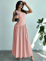 WOMEN'S SLEEVELESS SOLID COLOR ROUND NECK RUCHED WAIST LONG DRESS