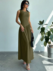 WOMEN'S SLEEVELESS SOLID COLOR ROUND NECK RUCHED WAIST LONG DRESS