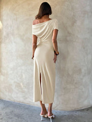 Women's Commuting Casual Office Oblique Shoulder Ruched Fitted Apricot Midi Dress