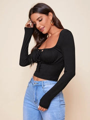 TIE NECK RUCHED BUST CROP TOP-BLACK
