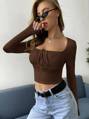 TIE NECK RUCHED BUST CROP TOP-DARK BROWN