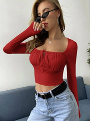 TIE NECK RUCHED BUST CROP TOP-RED