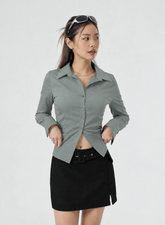 SOLID RUCHED COLLAR WITH BUTTON CROP SHIRT