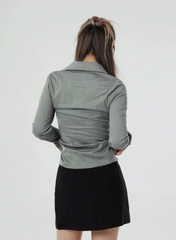 SOLID RUCHED COLLAR WITH BUTTON CROP SHIRT