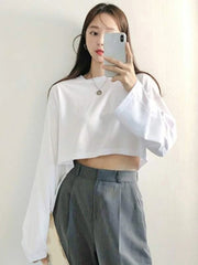 DROP SHOULDER OVERSIZED CROP TEE-WHITE