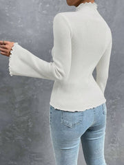 MOCK NECK LETTUCE TRIM TRUMPET SLEEVE RIBBED KNIT TEE