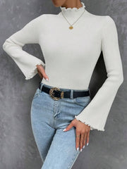 MOCK NECK LETTUCE TRIM TRUMPET SLEEVE RIBBED KNIT TEE