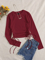 DRAWSTRING RUCHED SOLID FULL SLEEVE TEE-BLACK