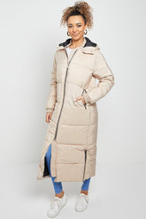 MAXI ZIP DETAIL PUFFER LONG JACKET-BEIGE