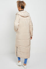 MAXI ZIP DETAIL PUFFER LONG JACKET-BEIGE