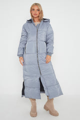 MAXI ZIP DETAIL PUFFER LONG JACKET-GREY