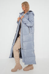 MAXI ZIP DETAIL PUFFER LONG JACKET-GREY