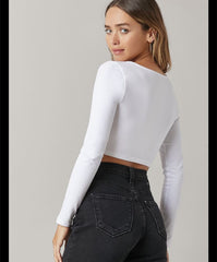 SOLID V-NECK LONG SLEEVES CROP TEE