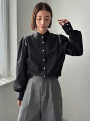 BLACK SOLID BUTTON FRONT DROP SHOULDER SHIRT