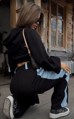 WOMEN'S SOLID COLOR ZIP-UP HOODED TOP AND TROUSER SET