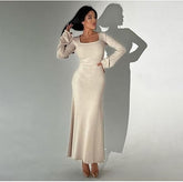 LONG-SLEEVE SQUARE NECK PLAIN BODYCON DRESS