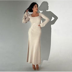 LONG-SLEEVE SQUARE NECK PLAIN BODYCON DRESS