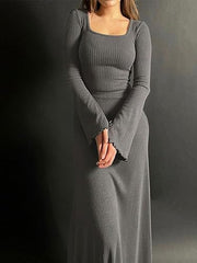 LONG-SLEEVE SQUARE NECK PLAIN BODYCON DRESS