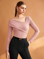 Women Solid Brown Elastic Foldable Slim Asymmetric Collar T-Shirt