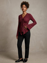 V-NECK RUCHED FLARE SLEEVE CINCHED WAIST TOP