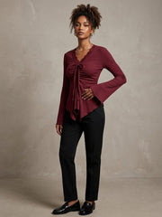 V-NECK RUCHED FLARE SLEEVE CINCHED WAIST TOP