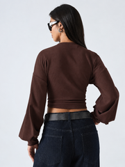 ROUND NECK DROP SHOULDER LONG SLEEVE FITTED CROPPED TOP
