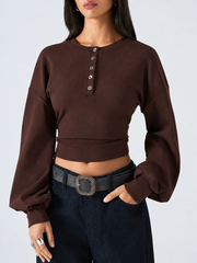 ROUND NECK DROP SHOULDER LONG SLEEVE FITTED CROPPED TOP