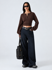 ROUND NECK DROP SHOULDER LONG SLEEVE FITTED CROPPED TOP