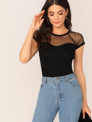 Women's t Net Yarn Patchwork Short Sleeve T-Shirt