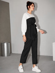 Women's  Two Tone Belted Top & Pants 2 Piece Set