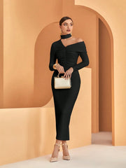 ASYMMETRICAL NECK RUCHED DETAIL SPLIT DRESS