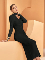 ASYMMETRICAL NECK RUCHED DETAIL SPLIT DRESS